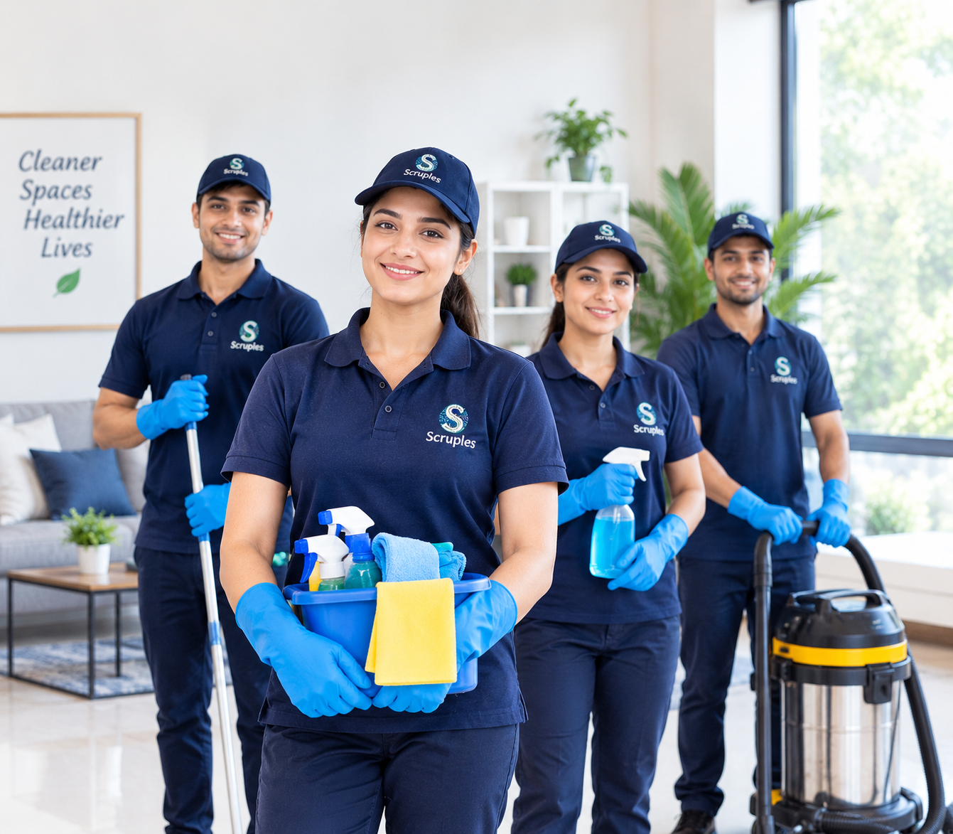 professional cleaning team in a bright interior